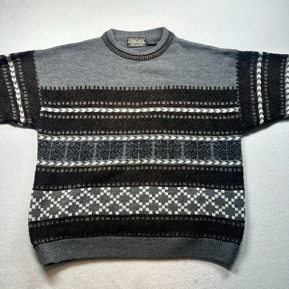 Vintage Cortina Italia Sweater Mens M Gray Wool Acrylic Pullover Made in Italy